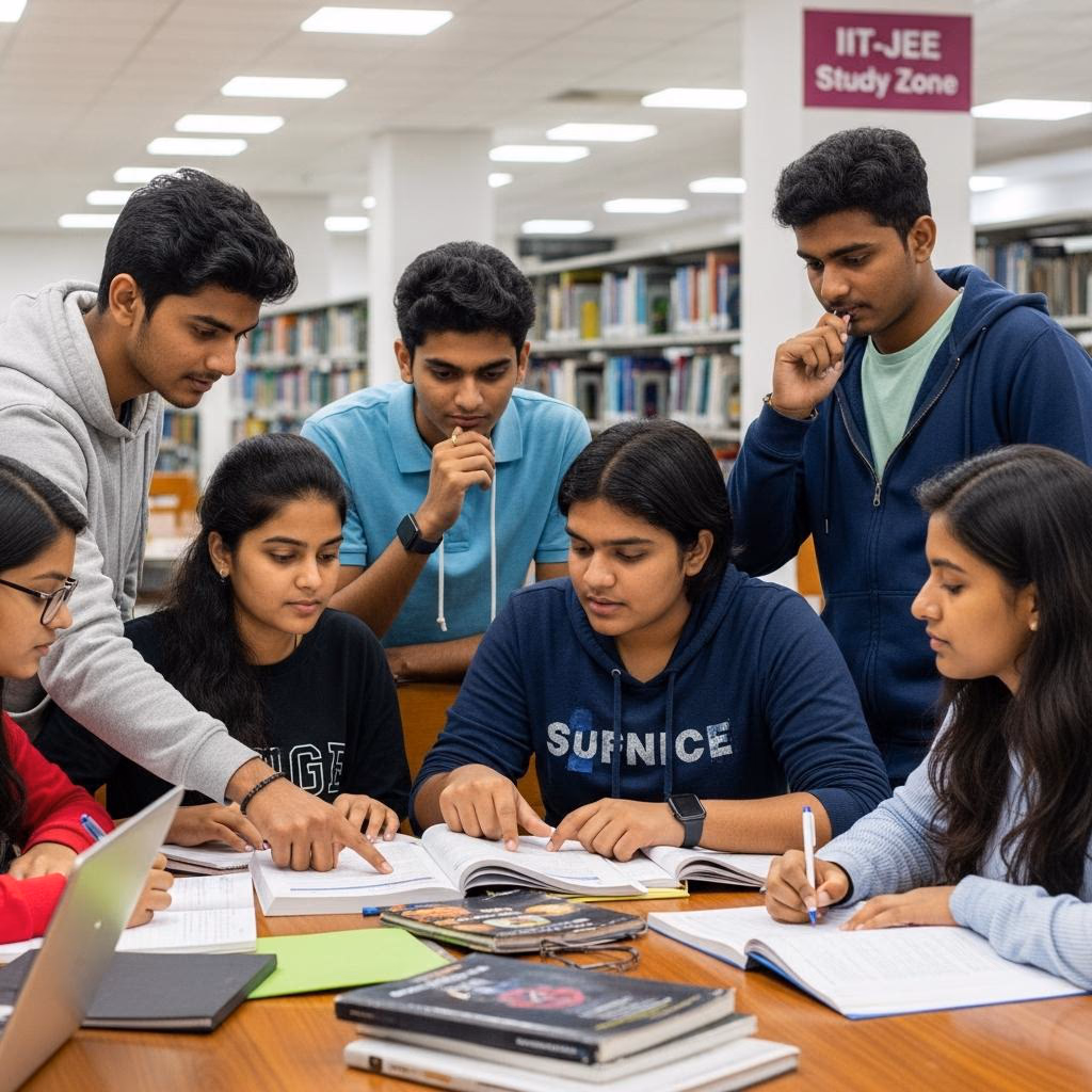Students studying in a classroom during an entrance coaching session